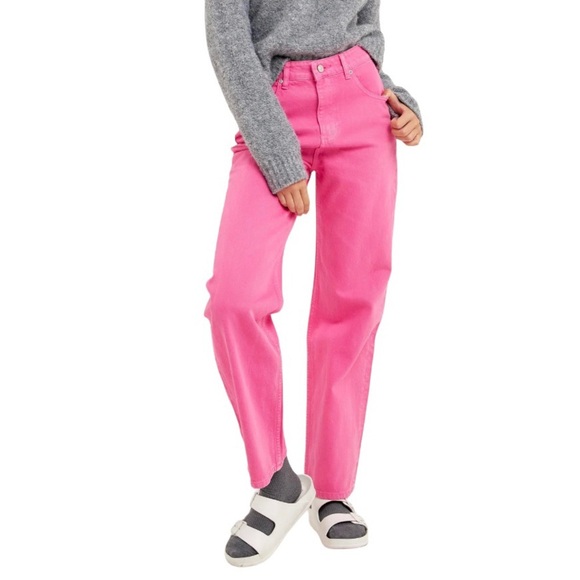 GREY LAB Jeans Women’s Size Large Pink Bright Denim Straight Wide Leg High Rise - Picture 3 of 14